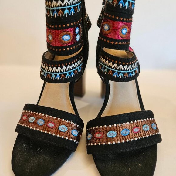 Embroidered open toe bohemian stacked heel sandals S6 - Picture 1 of 6